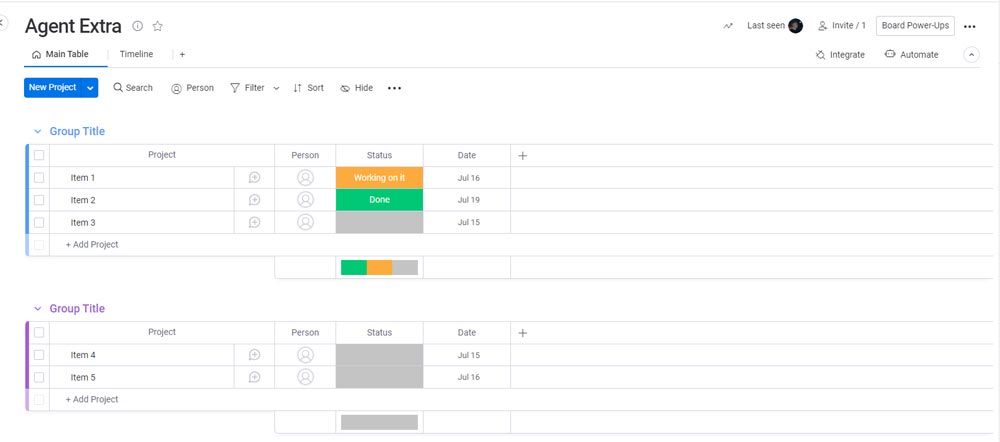 screen shot of agent extra monday.com table