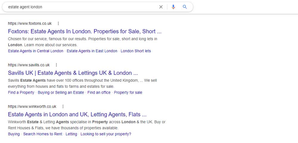 google search results for term estate agent london